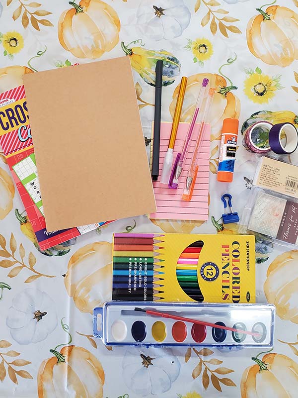 Collection of journaling supplies for Cheryl Cherry's Journaling class at the Somerset Artists' Co-Op.