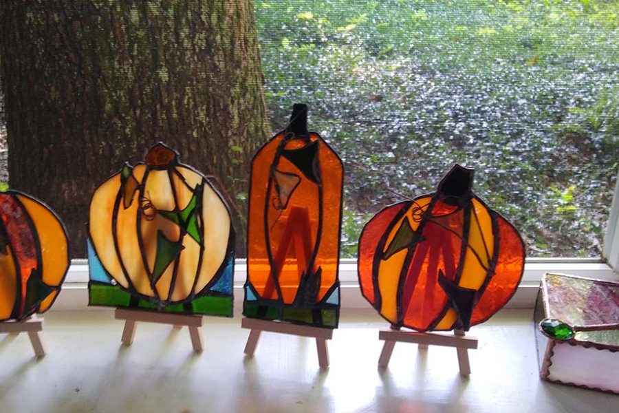 Stained glass pumpkins and small box created in the Tiffany style at Somerset Artists' Co-Op in Somerset, Ohio.