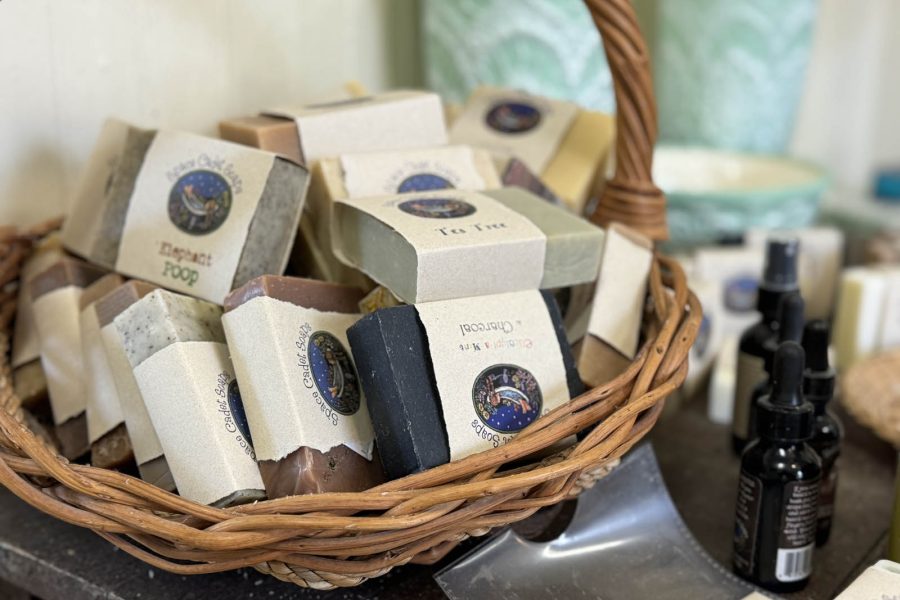 Basket of handmade, scented soaps by Space Welsh at the Somerset Artists' Co-Op.