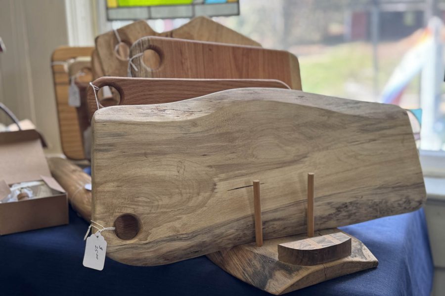 Hand-carved wooden cutting and serving boards at the Somerset Artists' Co-Op.