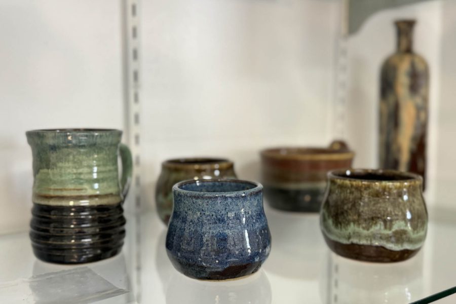 Hand-thrown pottery cups and bowls by Dale Hague at the Somerset Artists' Co-Op.