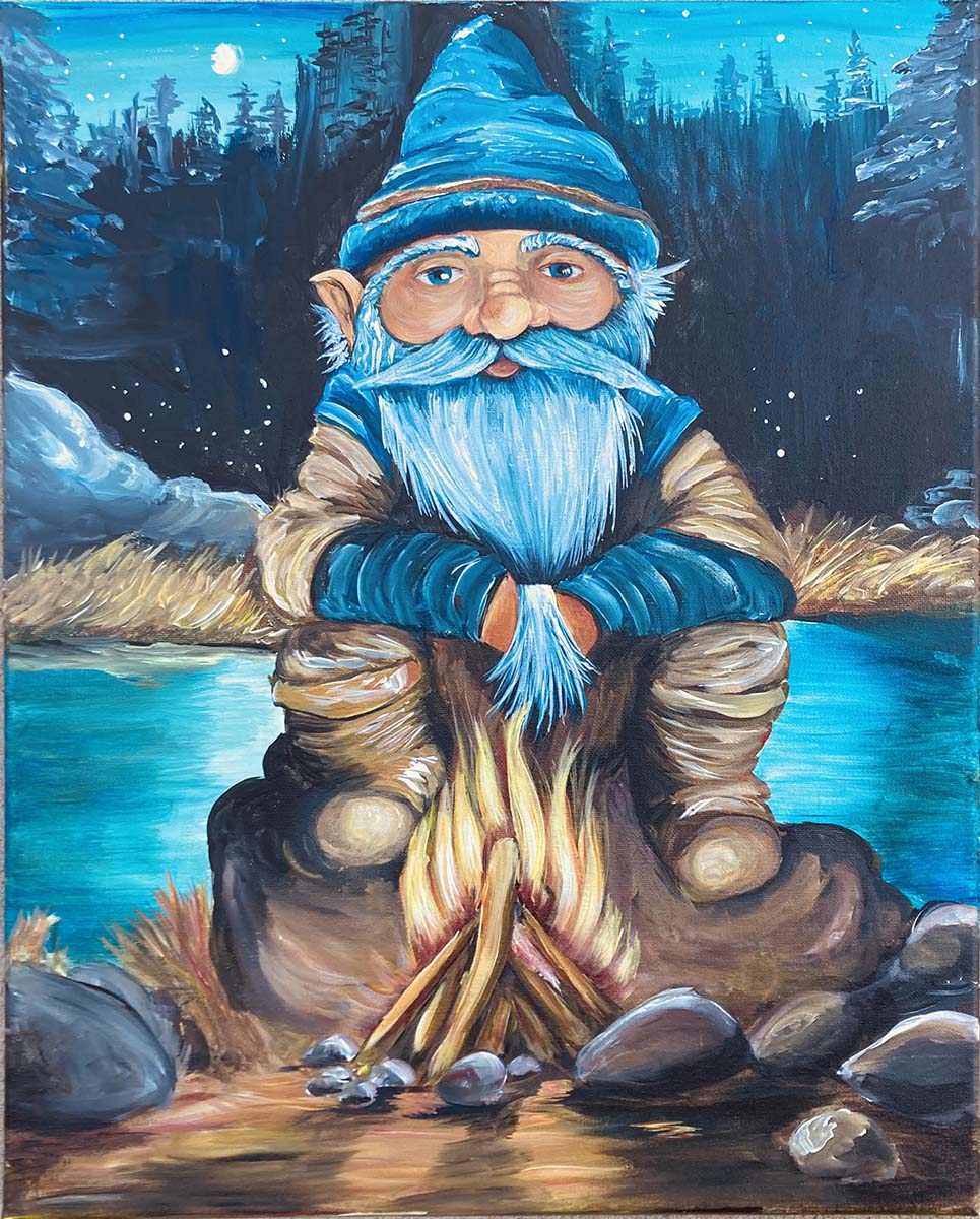 Acrylic painting by Bobbi McKinnon, Gnome by the Campfire