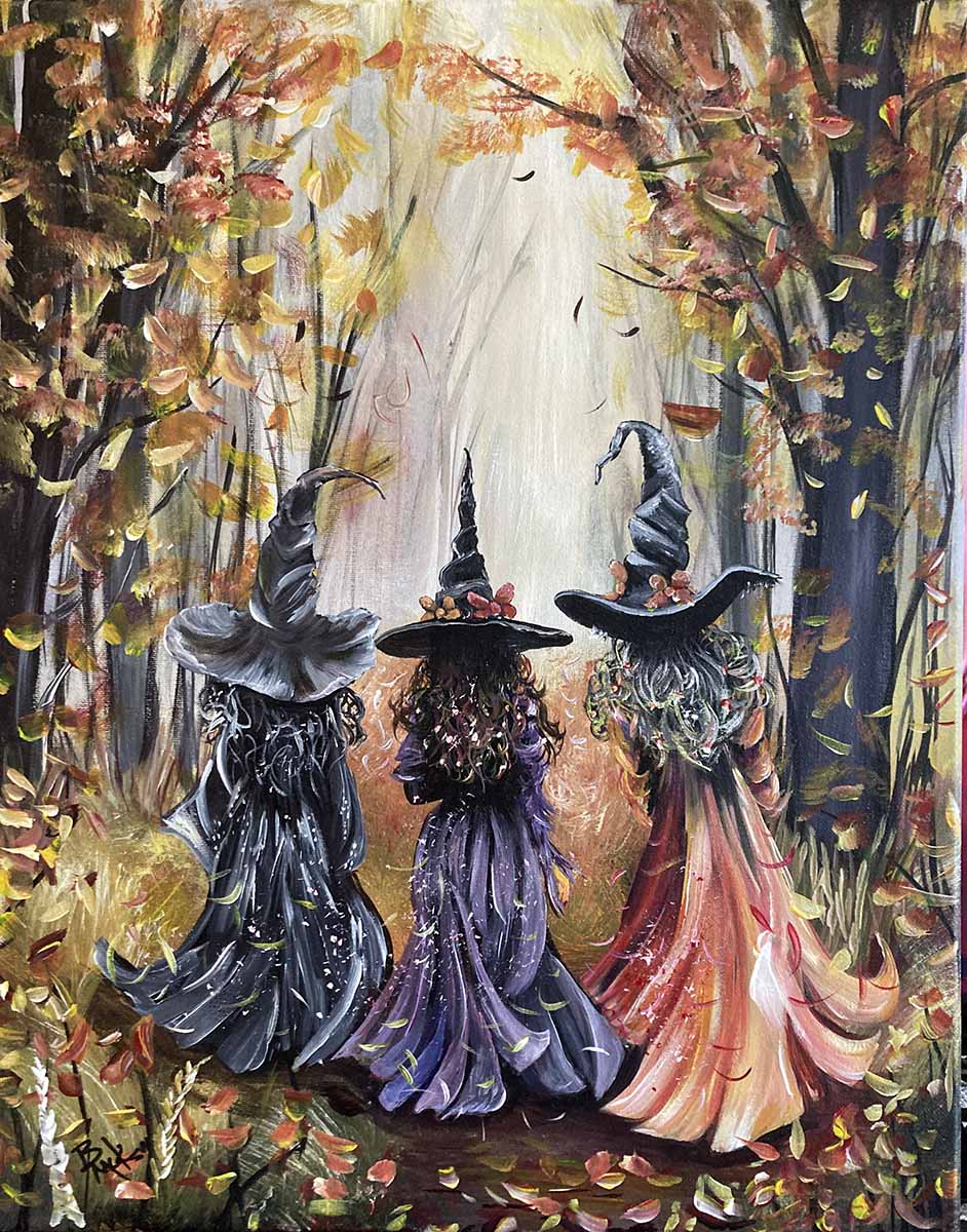 Acrylic painting by Bobbi McKinnon showing three witches walking through a fall forest.