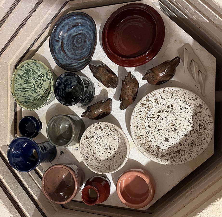 Glazed pottery after firing in the kiln at the Somerset Artists' Co-Op in Somerset, Ohio.