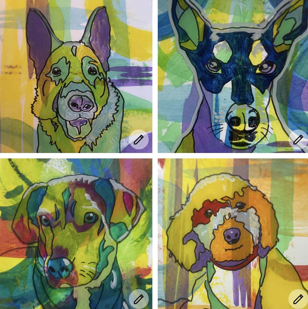 Four paintings of pet dogs using a squeegee acrylic painting technique by artist Carol Bucilla