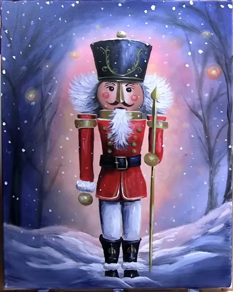 Acrylic painting of a holiday nutcracker by artist Bobbi McKinnon.