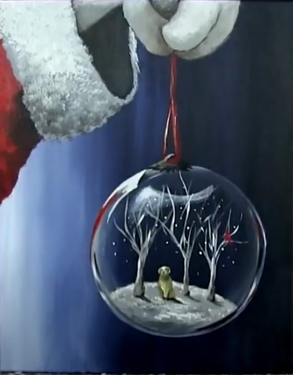 Acrylic painting of Santa holding a snow globe