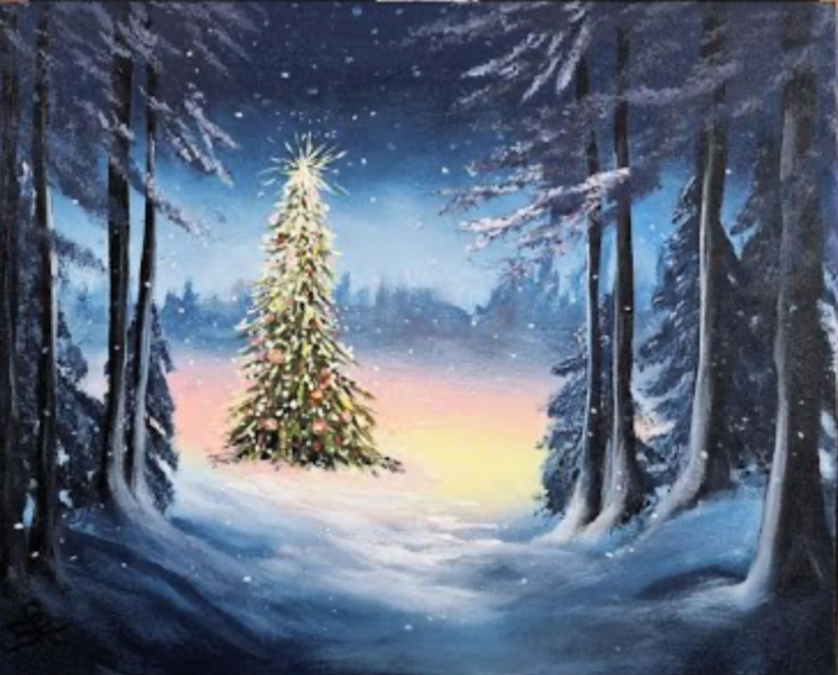 Acrylic painting of a Christmas Tree in the Woods by artist Bobbi McKinnon