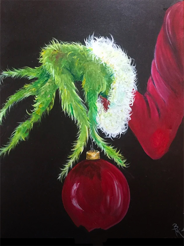 Acrylic painting of the hand of the Grinch Who Stole Christmas holding the last bulb from the Christmas Tree.