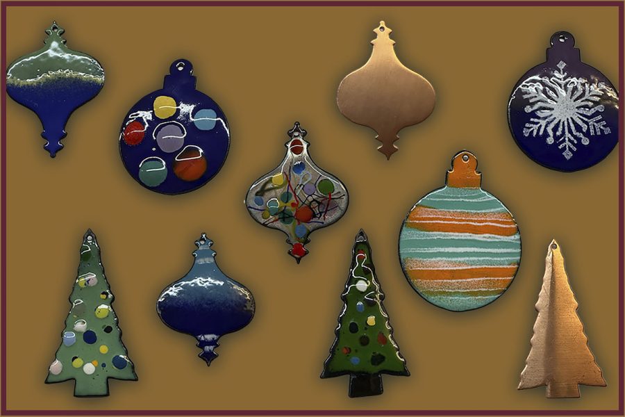 Array of glass enamel holiday ornaments created at the Somerset Artists' Co-Op.