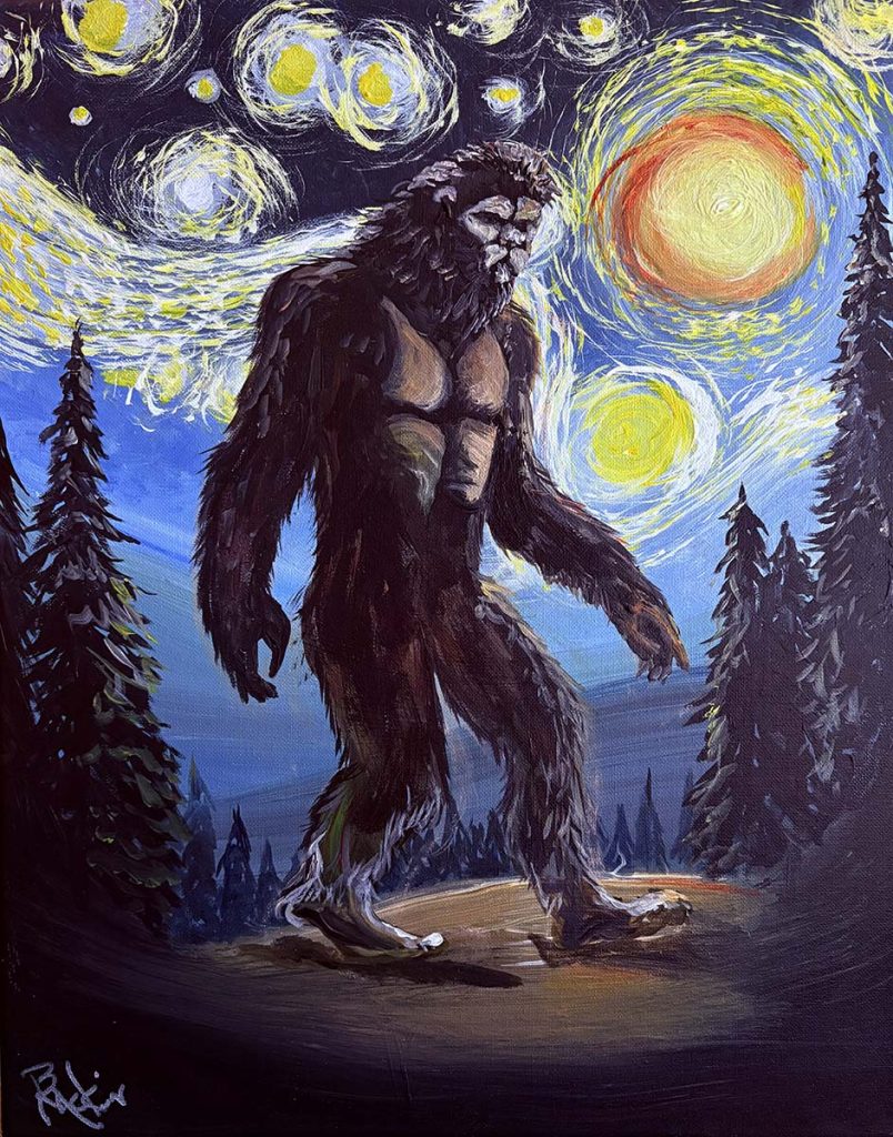 Acrylic painting of Bigfoot on a starry, starry night by artist Bobbi McKinnon.