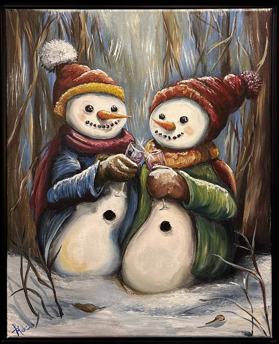 Snowman couple clinking wine glasses in acrylic painting by Artist Bobbi McKinnon.