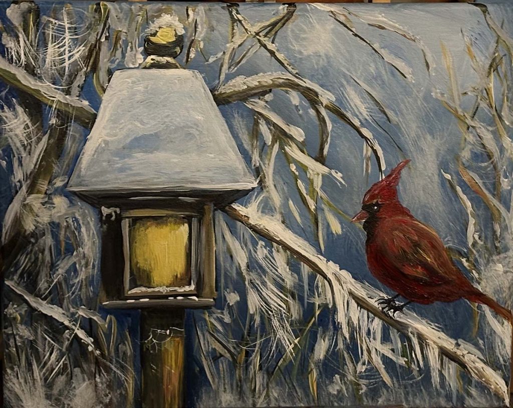 Acrylic painting of a cardinal on a branch in winter snow by artist Bobbi McKinnon.